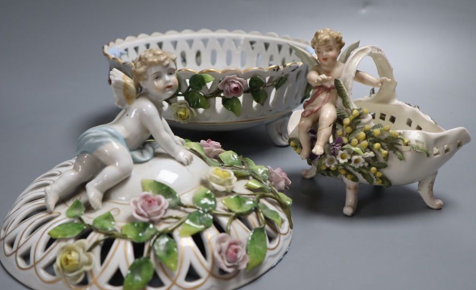 Two German pot-pourri bowls with cherubs, tallest 19cm
